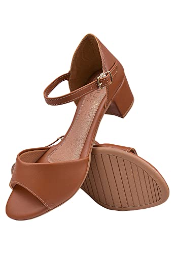 Sandália Saltinho Casual Básica Feminina Calcanhar Fechado (36, Caramelo)