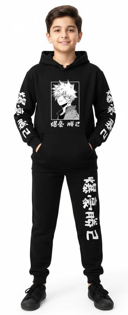 Anime Character Print Hoodie and Jogger Set, Black, Japanese Text Design tracksuit (IN, Age, 10 Years, 11 Years, Regular, ANIMECOMBO4)-image-42