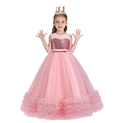 Girls Sequins Tulle Dress Sleeveless Bowknot Birthday Prom Princess Wedding Pageant Communion Party Long Ball Gown4