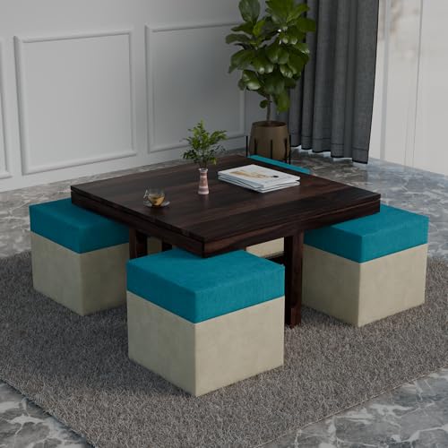 Image of Solid Sheesham Wooden Coffee Table with 4 Stool | Square Centre Table with Stool | Solid Sheesham Wood, Expresso Finish