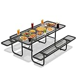 VISRACK 72'' Rectangular Steel Picnic Table for Outdoors,Commercial Metal Picnic Table with Umbrella Hole, Heavy Duty Sturdy Picnic Tables Furniture Set for Patio Garden Courtyard BBQ, Black