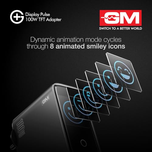 Image of GM G+ DisplayPulse 100W GaN Fast Charger | Type-C + USB-A Ports | Best for Tablet, MacBook, Laptop, iPhone, Samsung | TFT Display with 14 Smiley Animation Styles | Displays real-time Charging Wattage.
