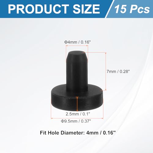 Image of uxcell 15Pcs Silicone Hole Plug, Waterproof Solid T-Shaped Rubber Stoppers Bottle Seal Tube Pipe Plugs End Cap for 4mm /0.16 inch Hole for Bathtub Bottle, 0.28 inch Plug Height, Black