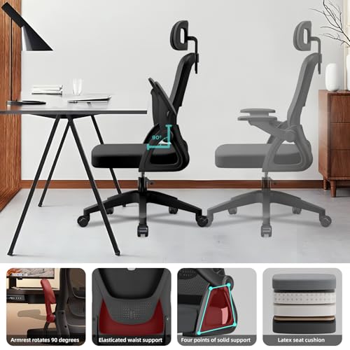 Ergonomic Office Chair, Mesh Swivel Chair with Adjustable Headrest, Flip-up Armrests, Height Adjustable for Home, Office, Work, Gaming and Relaxation, Black - Image 6