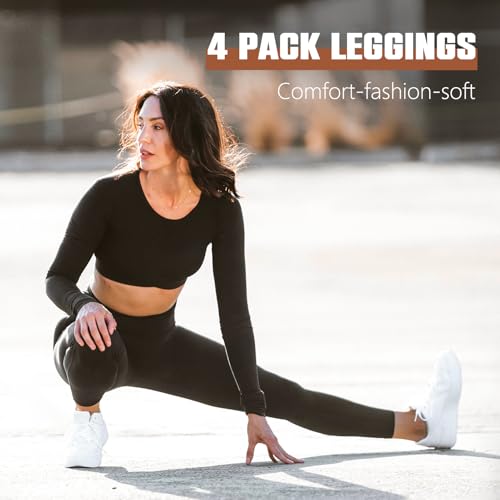 SINOPHANT 4 Pack Leggings for Women - Full Length Capri Buttery Soft High Waisted Yoga Pants for Athletic Workout Sports Leggings Black/Black/Grey/White S-M — view 4