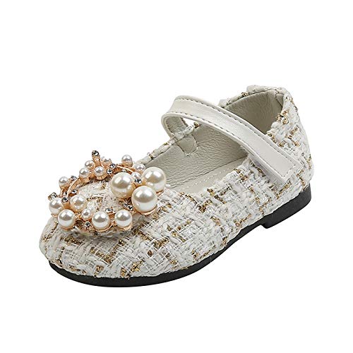 jkhhi Toddler Infant Baby Girls Pearl Crystal Beading Bowknot Strap Buckle Princess Shoes Soft Sole Beanie Shoes Sandals(Beige,28)