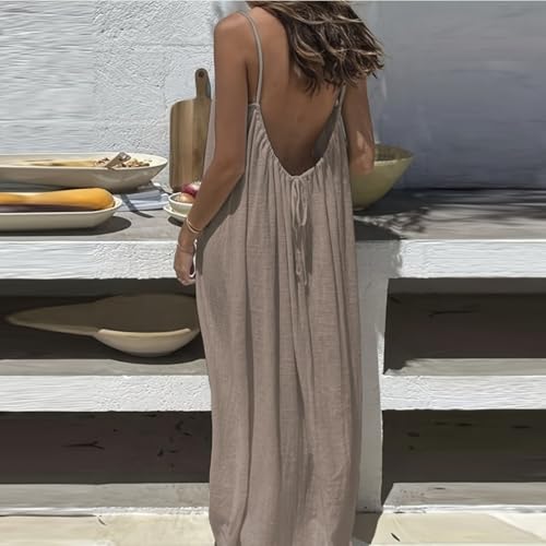 Image of HTHLVMD Backless Cami Dress Summer Dresses for Women 2026 Spaghetti Strap Dresses Womens Solid Color Backless Cami Dress