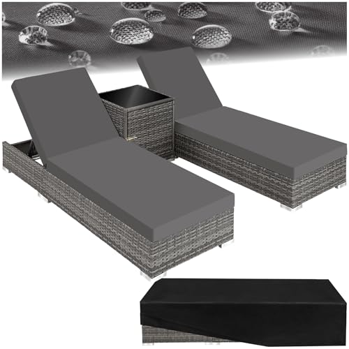 tectake® Set de 2x Chaise Longue Bain de Soleil avec Dossier réglable + Table de Jardin en Aluminium et Resine Tressee + 2 Set de Housses + Housse de Protection...
