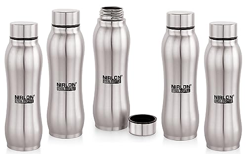 Image of NIRLON Ozone Single Wall Stainless Steel Water Bottle 750ml, Water Bottles For Fridge, School,Gym,Home,office,Boys, Girls, Kids, Leak Proof(SILVER COLOUR|SET OF 5)