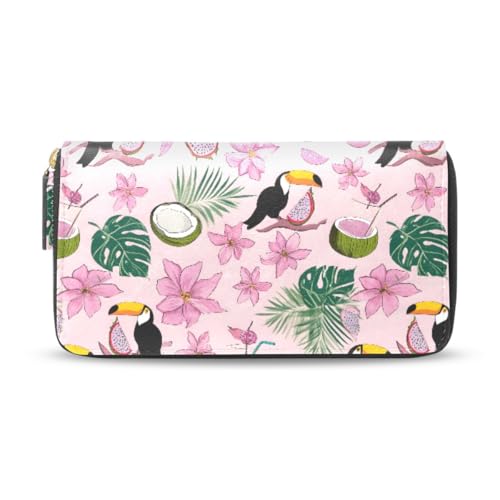 Long Wallets Leather Bifold Wallet for Women Toucan Pink Fruit with Zipper Credit Card Holder Large Capacity