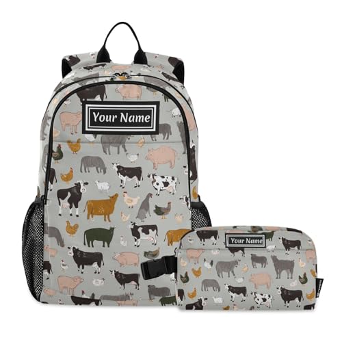 Custom Backpack for Kids Farm Animals Set Personalized Name Junior High Elementary Bookbag Backpack Set with Lunch Bag for Teens Kids Boys Girls