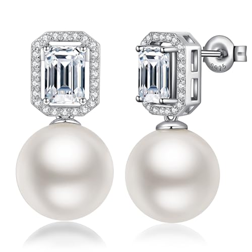 Elegant Pearl Stud Earrings for Women, 925 Sterling Silver & 18K White Gold Plated Cubic Zirconia CZ Large Pearl Earring Jewelry 12MM