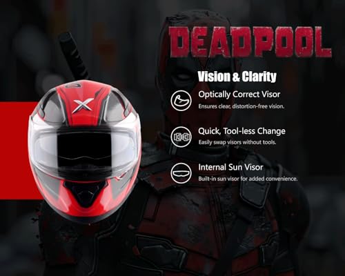 Image of Axor Apex Marvel Deadpool ISI ECE DOT Certified Full Face Dual Visor Helmet for Men and Women Dual EPS Protection with Pinlock Fitted Outer Clear Visor and Inner Smoke Sun Visor Red Black-L