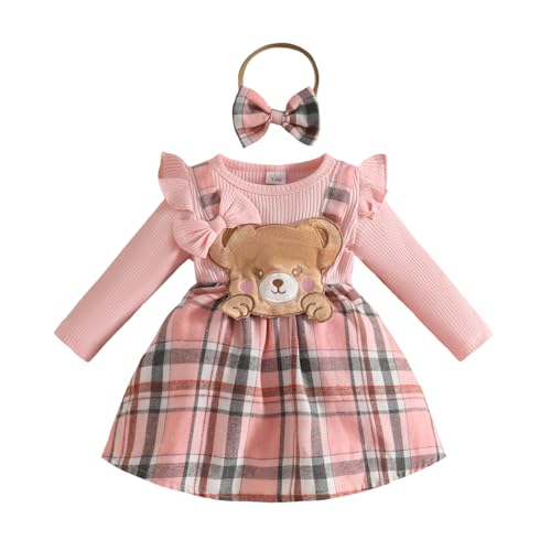 Eqenkely Conjuntos Ropa para Bebés Niña Vestido Ruffle Manga Larga con Estampado Cuadros Outfit Set para 3 Meses-3 Años Rosa 3 Años