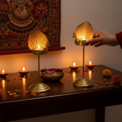 Image of 2 Metal Tea Light Holder Stand | Peacock Yellow Candle Holder Home Decor | Perfect for Living Room, Bedroom, Pooja Space, Festive Decor, Weddings, Housewarming & Gifting Ideal for Diwali, Wedding
