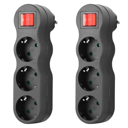 CILIA Ladrón Enchufe Triple con Interruptor, Adaptador Enchufe Múltiple 3 Tomas Schuko Vertical, Regleta sin Cable Pared 3500W 16A, Multiplicador Corriente Compacto para Casa y Oficina - Negro 2pcs