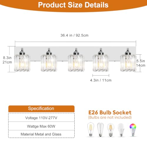 Image of Brushed Chrome Crystal Bathroom Vanity Light, 5-Light Modern Bathroom Lighting Fixtures Over Mirror,Chrome Wall Sconce Light Fixtures with Square Shade