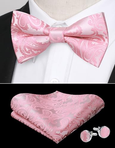Image of HISDERN Bow Ties for Men Pre-Tied Bow Tie Floral Paisley Handkerchief Classic Formal Bowtie and Pocket Square Cufflinks Set