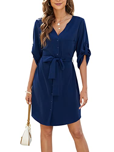BMJL-Womens-Button-Down-Dress-Summer-V-Neck-34-Sleeve-Tie-Waist-Business-Casual-Work-Mini-Shirt-Dresses