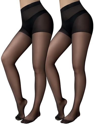 Jamieya 2 Pairs Black Sheer Tights for Women 20D Control Top Pantyhose Stockings Tummy Control Under Dress (Small Black)
