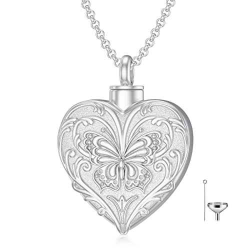SOULMEET White Gold Filled Butterfly Cremation Jewelry for Ashes Heart Butterfly Urn Necklace that Holds Human Dog Cat Ashes