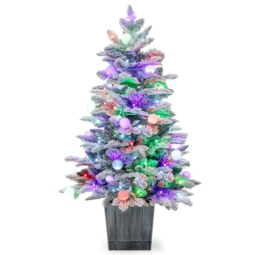 COSTWAY 100CM/3.3FT Pre-Lit Artificial Christmas Tree, Snow Flocked Potted Xmas Tree with 80 Colorful LED Lights, Globe Lights, Urn Base, 148 PVC and PE Tips, Seasonal Indoor Home Porch Holiday Decor