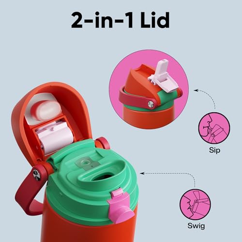 Image of Insulated Water Bottle with Straw - Encool Stainless Steel Water Bottle with Push Button Lid, Leak-Proof & BPA-Free, Keeps Cold for 24 Hours for Sports, Travel, Gym (24 oz, Grapefruit Red)