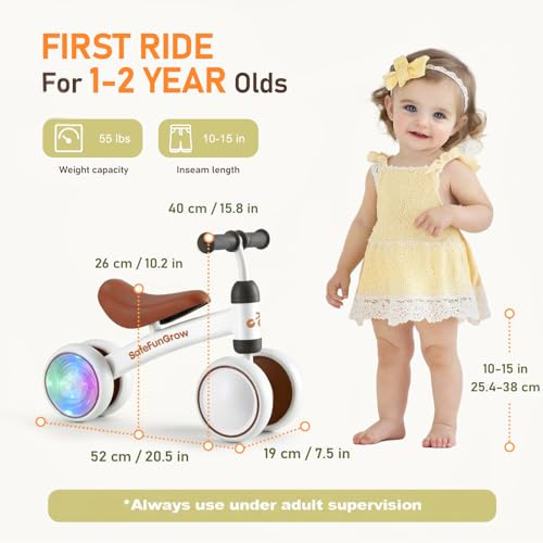 Image of Colorful Lighting Baby Balance Bike Toys for 1 Year Old Girl Gifts, Balance Bike 1 Year Old No Pedal, 12-24 Months Toddler Ride on Toys with 4 Silent Wheels & Soft Seat, 1st Birthday Gifts, White