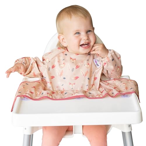 Tidy Tot Cover & Catch Weaning Bib with Sleeves. Attaches to Highchairs with Suction for Mess Proof Baby Feeding. Waterproof Long Sleeved Bibs. Coverall BLW Bibs