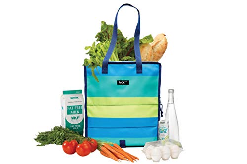 Packit Freezable Grocery Shopping Bag With Zip Closure, Fresh Stripe #TOP5