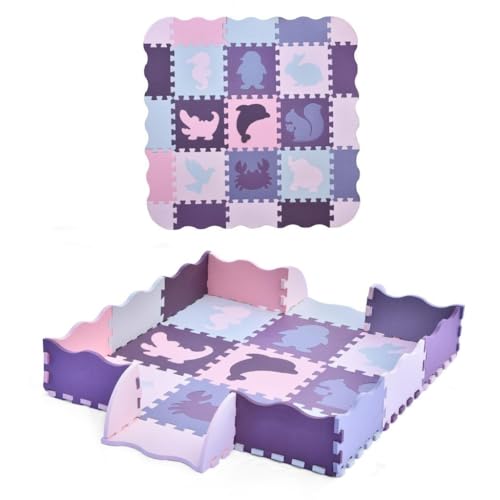 Image of Baby Foam Play Mat, 25 pcs Interlocking Tiles Baby Mat Floor with Fence Large Thick Purple Animals Puzzle Floor Mat for Kids Babies Toddlers Infants Crawling Room Mat