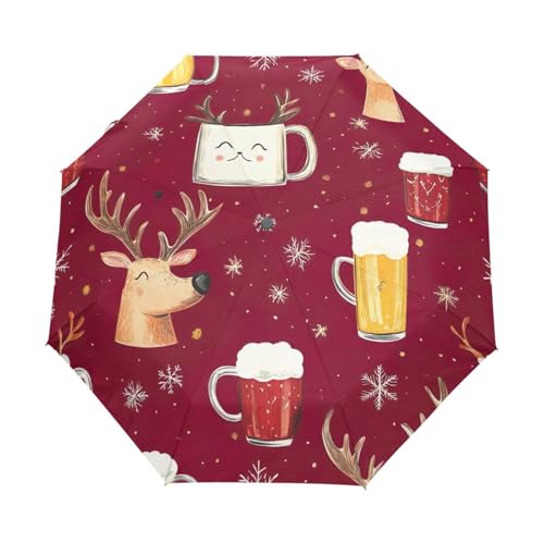 Parapluie rouge motif renne dessin animé automatique compact pliable