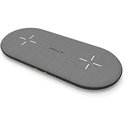Cargador Qi Doble PNY Cargador Inalámbrico 2 en 1 hasta 20W, con certificación Qi, Carga hasta 2 Dispositivos simultáneamente, para Todos los Smartphones habilitados Qi, Acabado de Tela Gris Premium