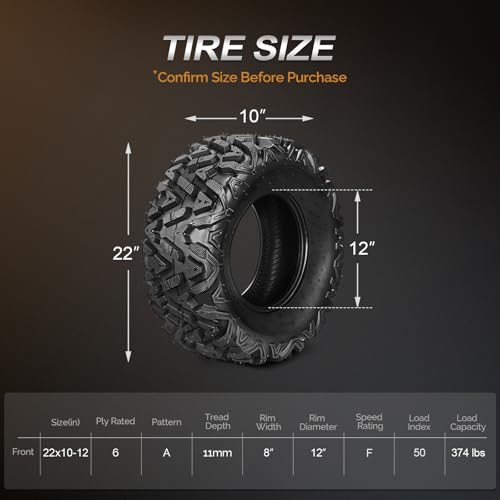 Image of TUFFIOM 22x10-12 ATV Tires Set of 2 for All Terrains, Mud Sand Off-road ATV UTV Tire for Trail Vehicles, 6 PR, Deep Tread, Tubeless
