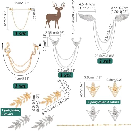 Image of PH PandaHall 12pcs Tassel Chain Brooch Collar Pins 8 Styles Wing Double Link Chains Tie Clips Chain Leaf Flower Lapel Pin Retro Shirt Collar Decoration for Men Women Shirt Suit Tuxedo Tie Hat Scarf