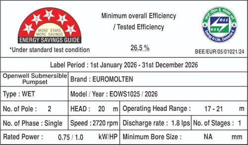 Image of EUROMOLTEN 1hp Open well Submersible Water Pump (ISI Certified)(BEE 5 star certified), Dual Carbon Bush Technology, 100 Percent Fine Copper Winding, Heavy Duty Pump (10m Cable)