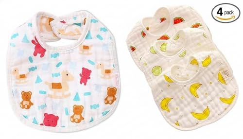 Image of BabyGo Muslin Cotton Baby Bibs | Pure Cotton 8 Layer Super Absorbent Cartoon Print Feeding & Drool Bibs | Ultra-Soft, Washable & Reusable Bibs for Infants, Toddlers & Newborns | Set of 4 (Multicolor)