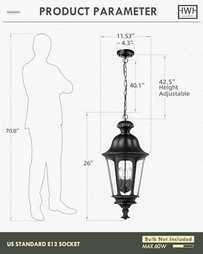Image of Outdoor Pendant Lights for Porch, HWH 26'' Large Exterior Hanging Light Fixtures with Seeded Glass, Outdoor Hanging Chandelier for Porch Patio Gazebo Hallway, Matte Black Finish, 5HW90H-L BK