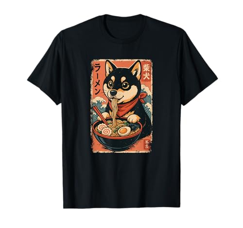 Hund Shiba Inu isst Ramen Nudeln japanisches Vintage T-Shirt