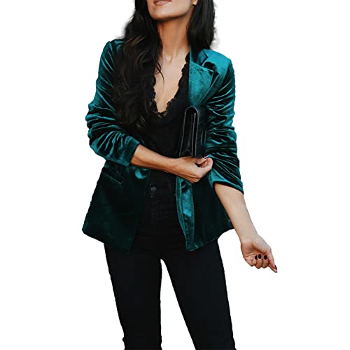 Emiif Chaqueta de terciopelo de manga larga para mujer, traje de oficina con frente abierto, cárdigan para mujer, casual, ajuste delgado, manga larga, terciopelo dorado, traje pequeño Cover