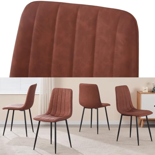 BRIBRION Set of 4 PU Leather Upholstered Tan Dining Chairs with Black Metal Legs Curved (Faux Leather, Saddle Brown)