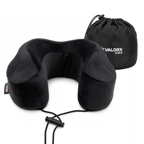 Image of Premium Memory Foam Neck Pillow by ValorX USA for Travelling 360 Neck Support with Ultra-Soft Lightweight Velvet Cover & Free Travel Pouch, Black