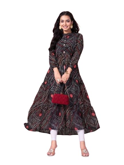Crafttalesindia Women's Orange Floral Print Cotton Rayon Anarkali Kurti, Round Neck, Three Quarter Sleeve, Mid-Length Dress for Summer Casual Wear-image-19