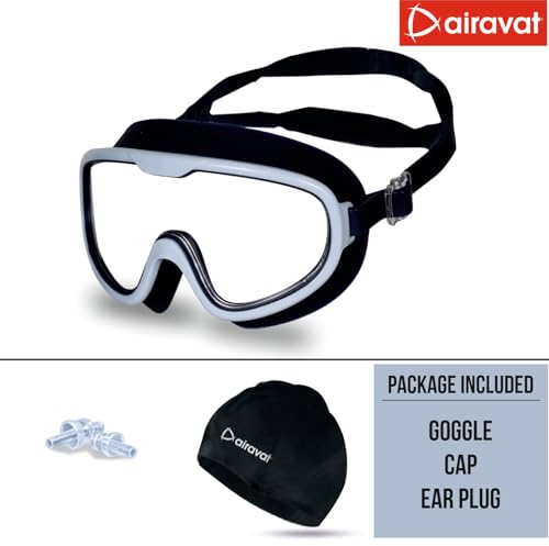 Image of AIRAVAT Shore swimming goggles, polycarbonate goggles, No Leaking Anti-Fog Pool Goggles for Adult Men Women Youth, UV Protection, 180 Clear Vision, Free size (Navy Blue Combo)