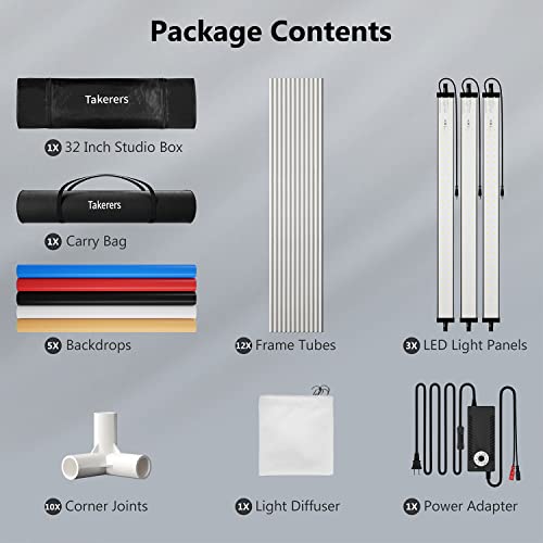 Photo Studio Light Box for Photography: Takerers 32x32 Inch 210 LED Large Lightbox for Product with 3 Stepless Dimming Light Panel, Professional Background Shooting Tent with 5 Color Backdrops
