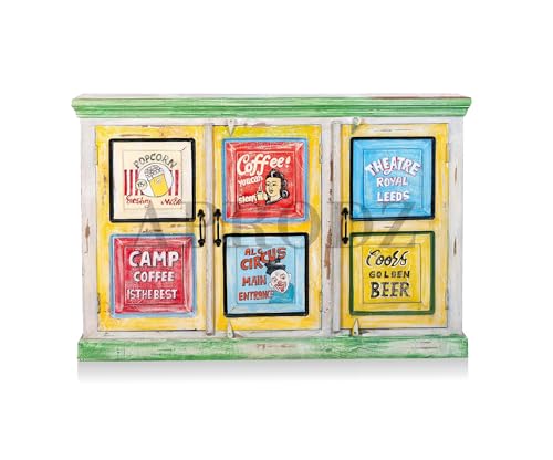 Image of APRODZ Solid Wooden Handpainted Sideboard Cabinet | Storage Cabinet with 2 Doors Shelf Storage for Living Room, Bedroom, Hotel & Home |Green (Multicolor)