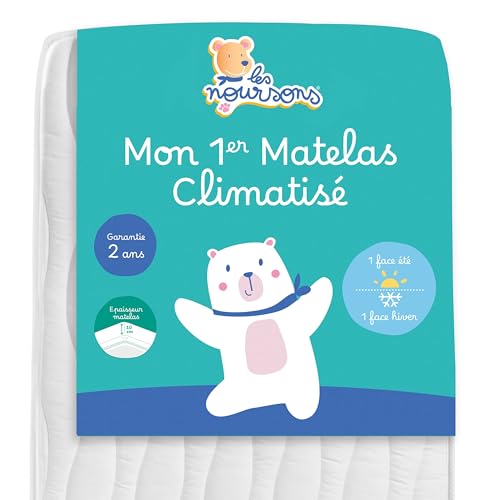 Les Nourson – Colchón de bebé con aire acondicionado 60 x 120 cm, reversible, 1 cara de verano fresco, 1 cara de invierno de algodón – OekoTex® – Fabricación francesa