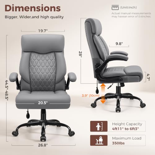 Image of Ergonomic Office Chair with Lumbar Support, Executive Leather Computer Desk Chair with Flip Up Arms & Rocking Function, High Back Big and Tall Comfortable Gaming Chair for Home Office