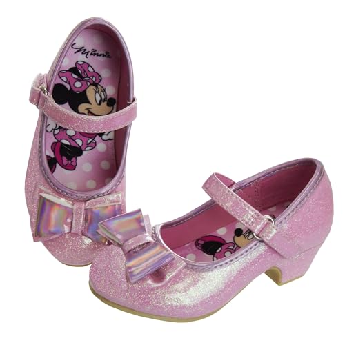Disney Minnie Mouse Shoes - Girls Mary Jane Flat Pump Strap with Bow - Kids Character Princess Dress up Costume Flower School Party Flats Slip on - Pink (Size 10 Toddler)
