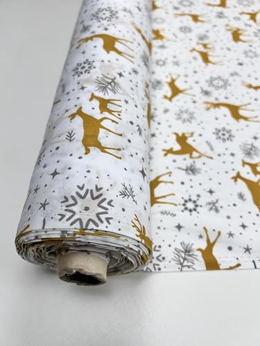 Pyrhan Polycotton Christmas Fabric by The Metre 45 Inch Wide Golden Reindeer Print on Navy Blue Festive Craft & Sewing Material for Quilting Dressmaking DIY & Holiday Decorations (White)